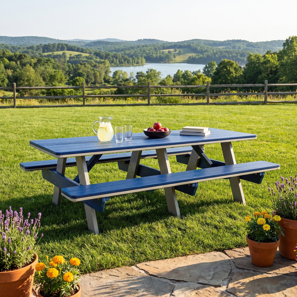 Amish poly 8' rectangle picnic table, light gray & patriot blue, garden lawn