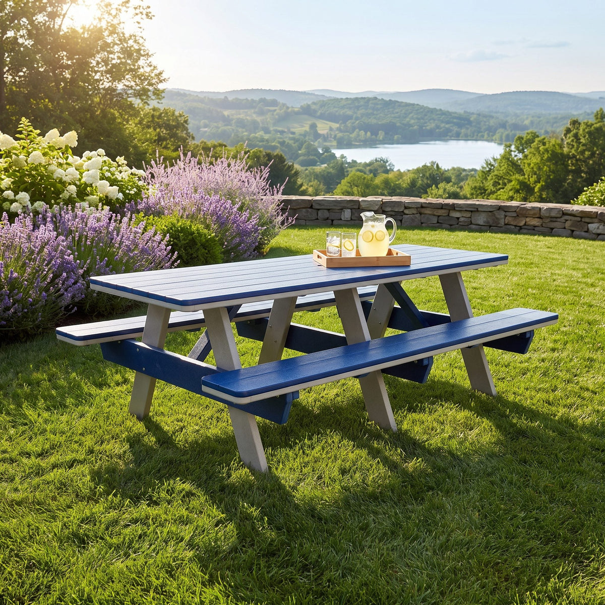 Amish poly 8' rectangle picnic table, light gray & patriot blue, lawn