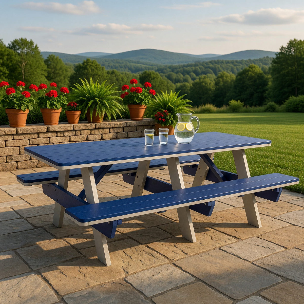 Amish poly 8' rectangle picnic table, light gray & patriot blue, stone patio