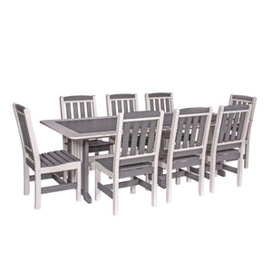 Light gray and white poly 96 inch English Garden dining table with eight slat back patio chairs on a white background