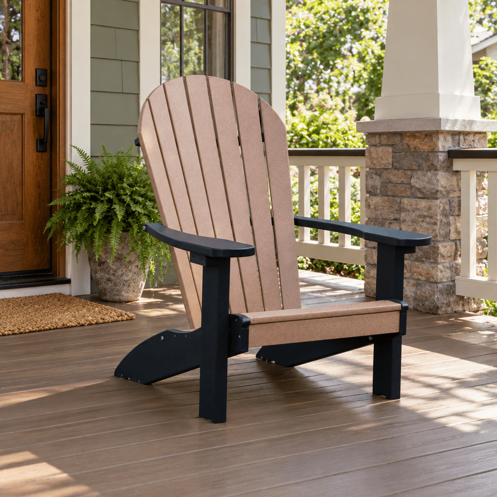 Amish Poly Adirondack Patio Chair - Quickship shown in the covered back porch of a craftsman bungalow home
