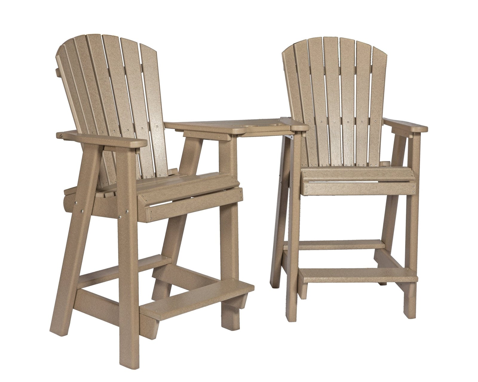 Two brown and weatherwood poly counter height chairs joined by a small center table on a travertine patio