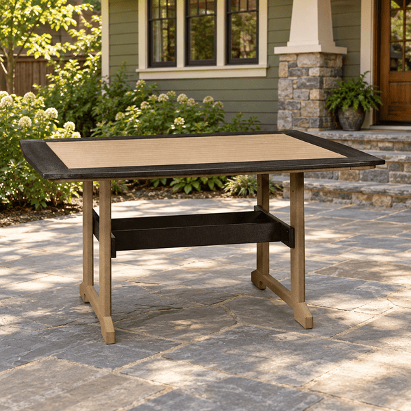 Amish Poly Great Bay Rectangular Patio Dining Table shown in the back patio of a craftsman bungalow home