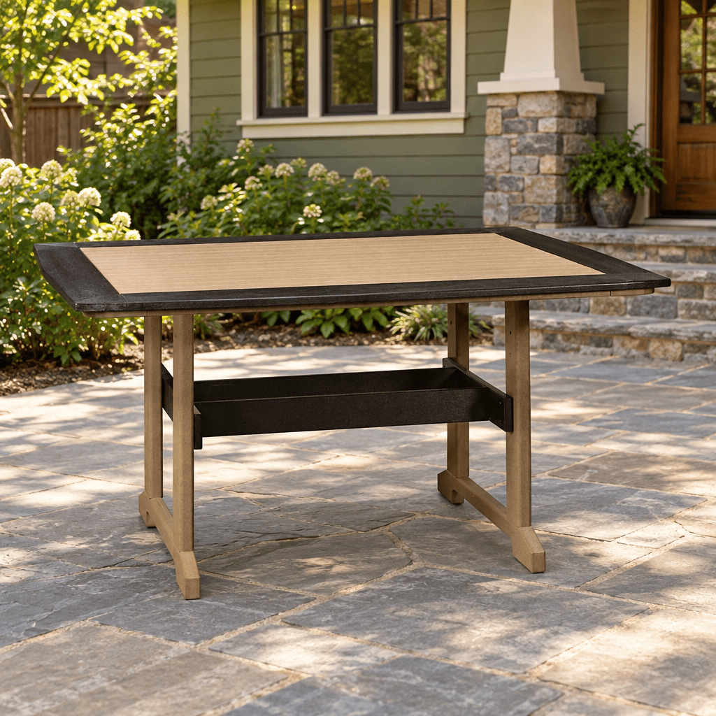 Amish Poly Great Bay Rectangular Patio Dining Table shown in the back patio of a craftsman bungalow home