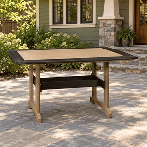 Amish Poly Great Bay Rectangular Patio Dining Table shown in the back patio of a craftsman bungalow home