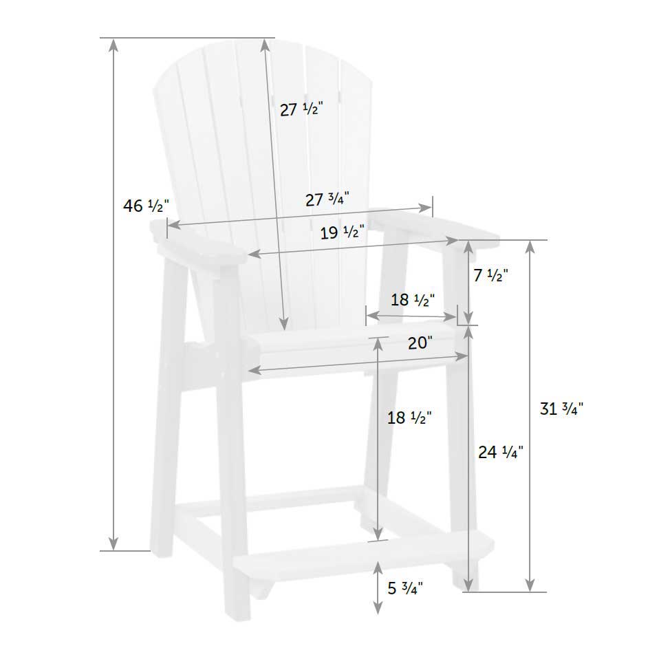 Dimension diagram of the counter chair: 46.5 inches overall, 24.25 inch seat height and 20 inch wide seat
