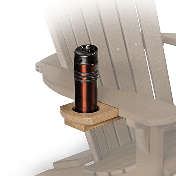 Weatherwood poly cup holder attachment mounted on an Adirondack chair arm holding a travel tumbler