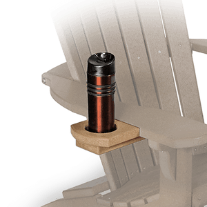 Weatherwood poly cup holder attachment mounted on an Adirondack chair arm holding a travel tumbler