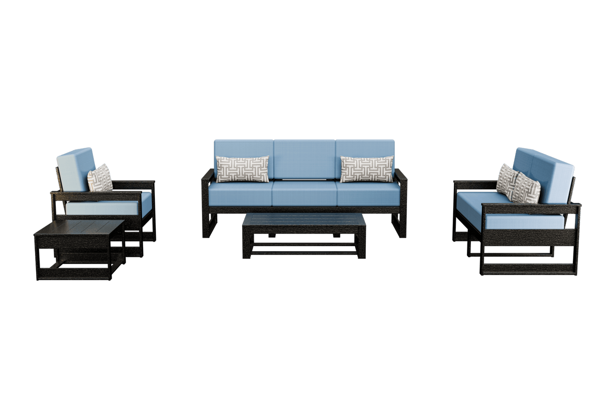 Five-piece dark poly patio set with light blue cushions: sofa, two chairs, coffee table and side table