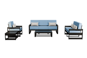Five-piece dark poly patio set with light blue cushions: sofa, two chairs, coffee table and side table