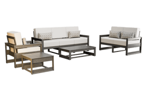 Five-piece gray poly patio set with three-seat sofa, loveseat, chair, coffee table and side table on white