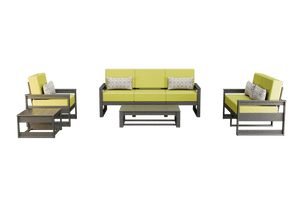 Gray frame poly patio group with yellow-green cushions, sofa, chairs and low tables on a white background