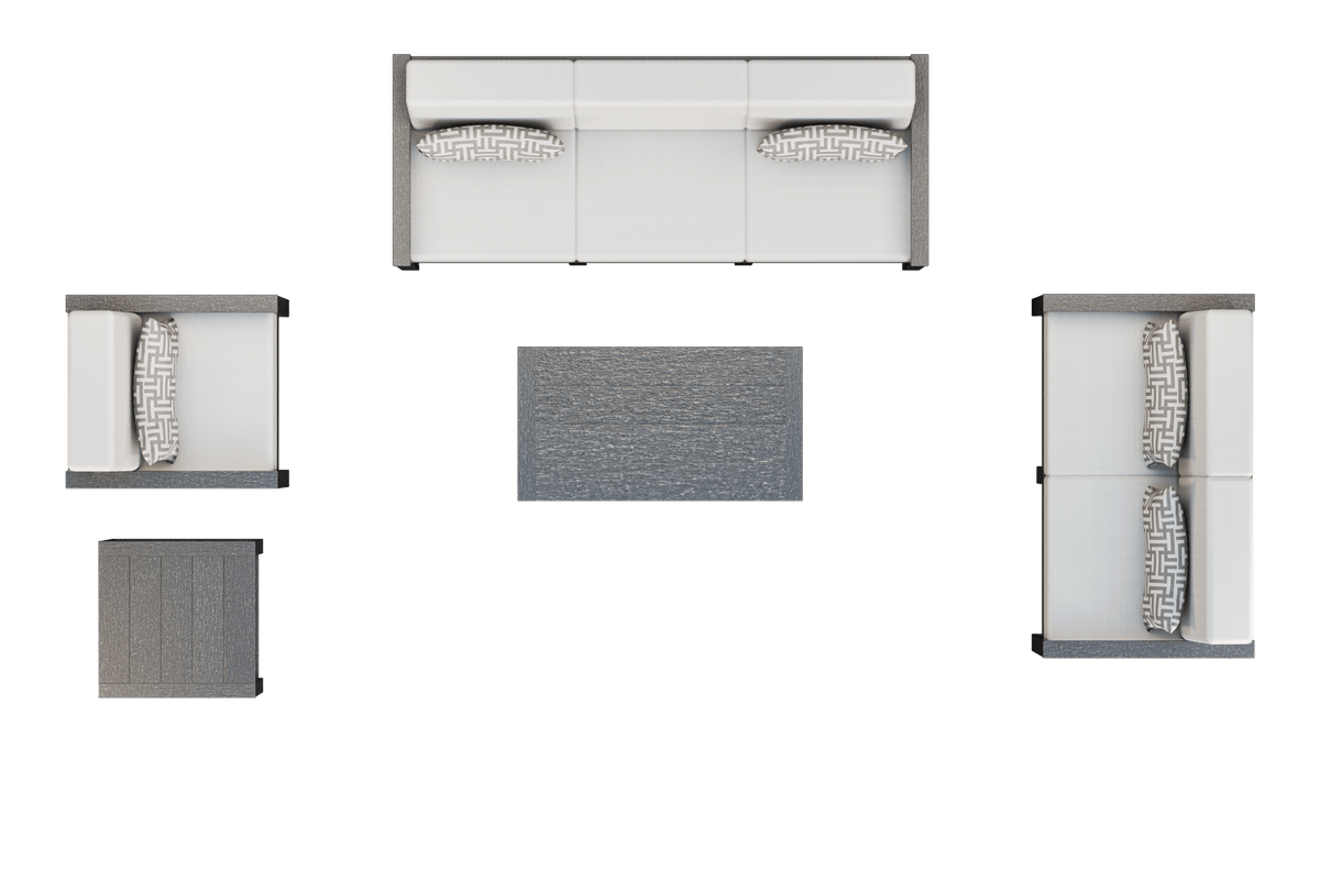 Overhead layout of the poly patio set showing sofa, two chairs, rectangular coffee table and side table