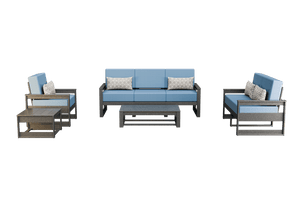 Gray poly patio set with sky blue cushions: three-seat sofa, two club chairs, coffee and side tables
