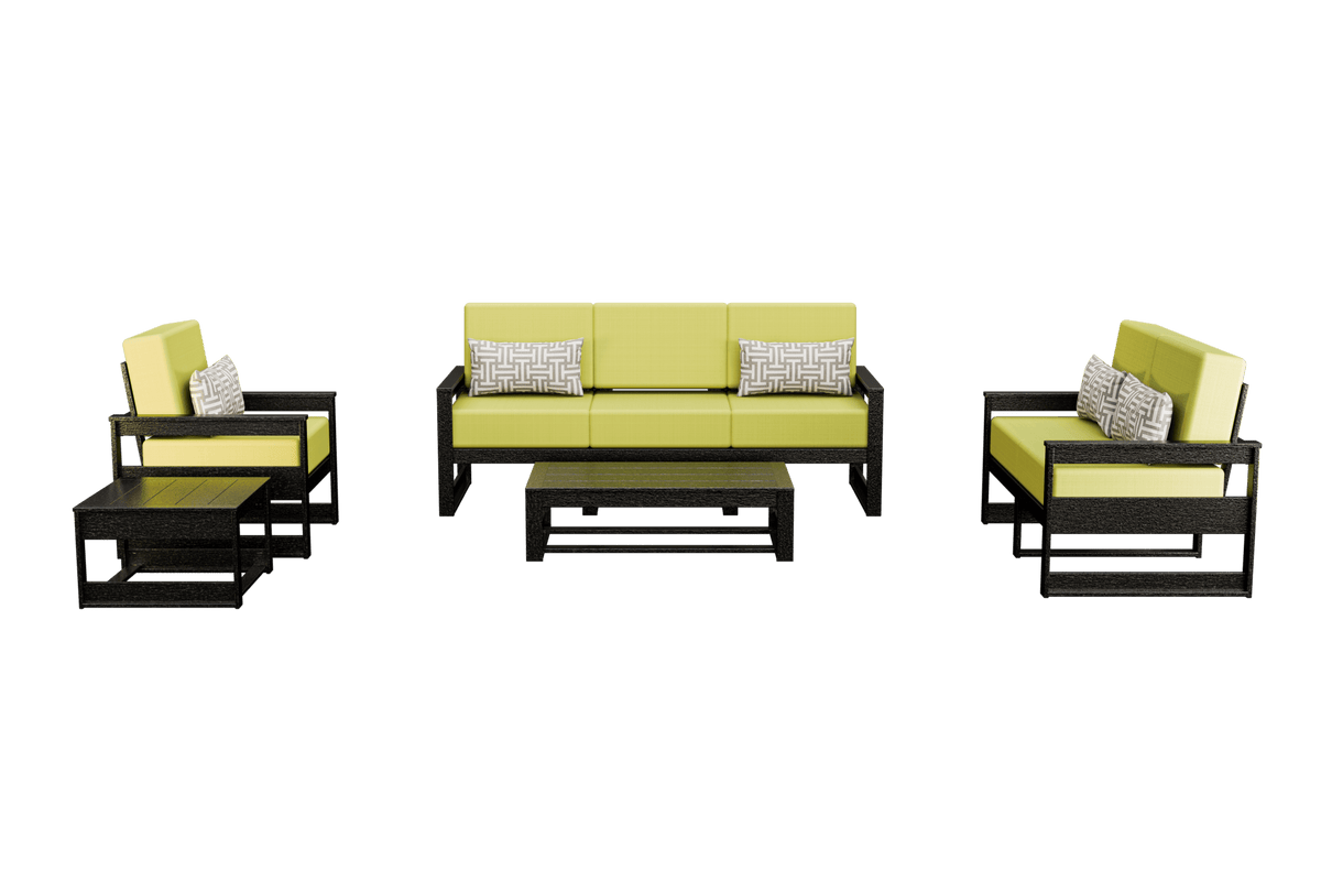 Poly patio set with chartreuse cushions including a three-seat sofa, two chairs and two tables on white
