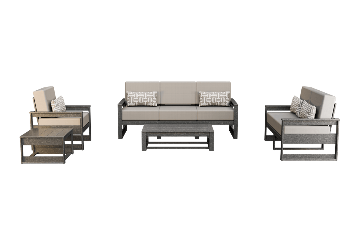 Gray poly patio set with taupe cushions: three-seat sofa, two club chairs, coffee table and side table