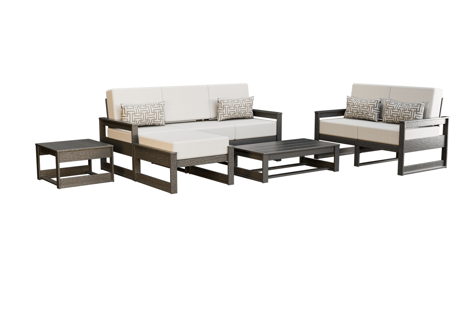 Poly patio sofa, loveseat, ottoman and tables with white cushions on a rooftop deck at sunset