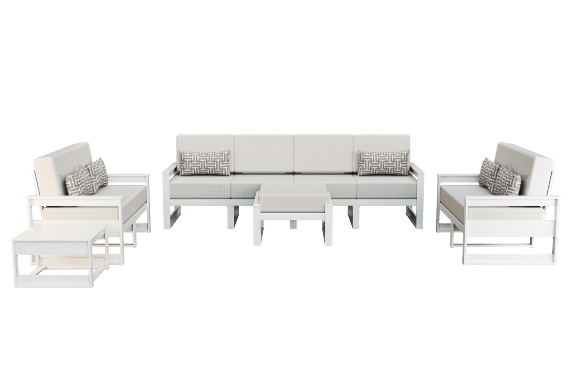 White poly patio set with cream cushions: four-seat sofa, two loveseats, ottoman and square tables