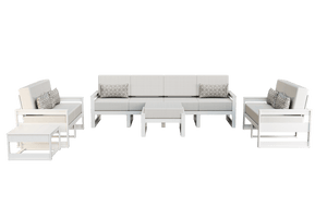 White poly patio set with cream cushions: four-seat sofa, two loveseats, ottoman and square tables