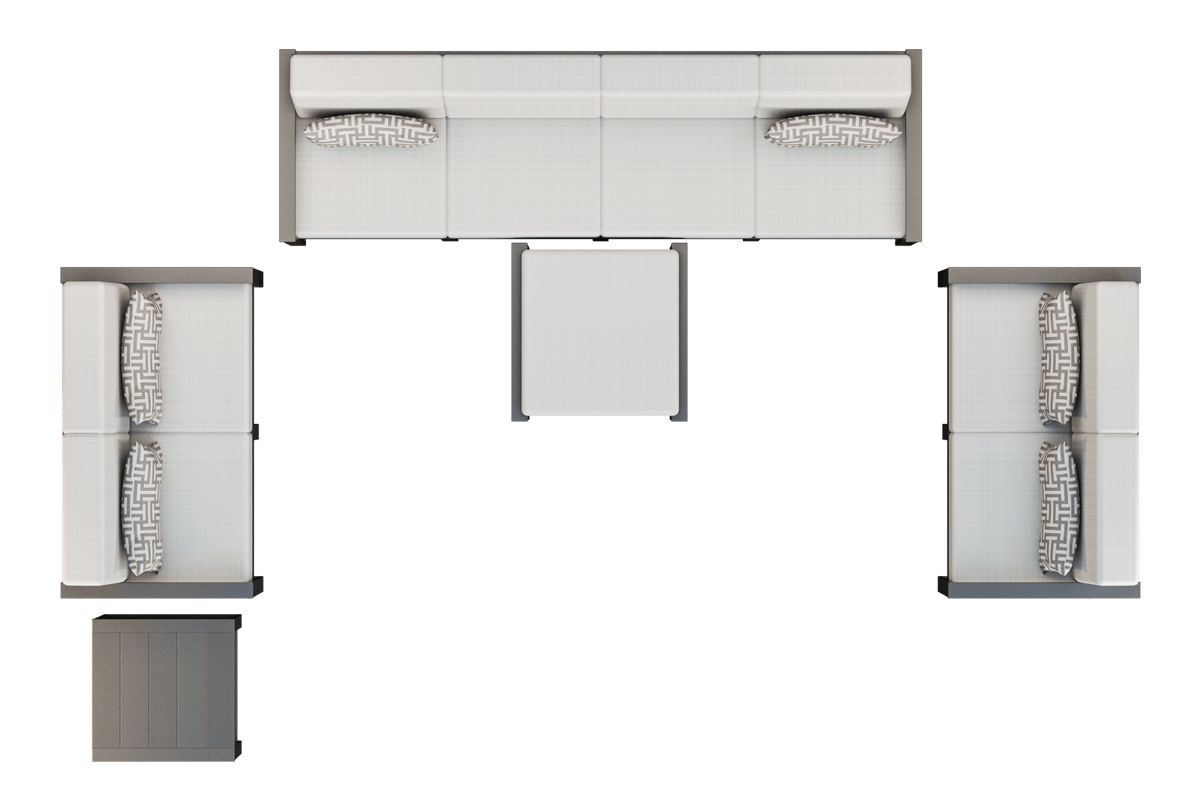 Overhead layout of the poly patio set showing a four-seat sofa, two loveseats, ottoman and side table