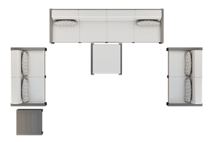 Overhead layout of the poly patio set showing a four-seat sofa, two loveseats, ottoman and side table