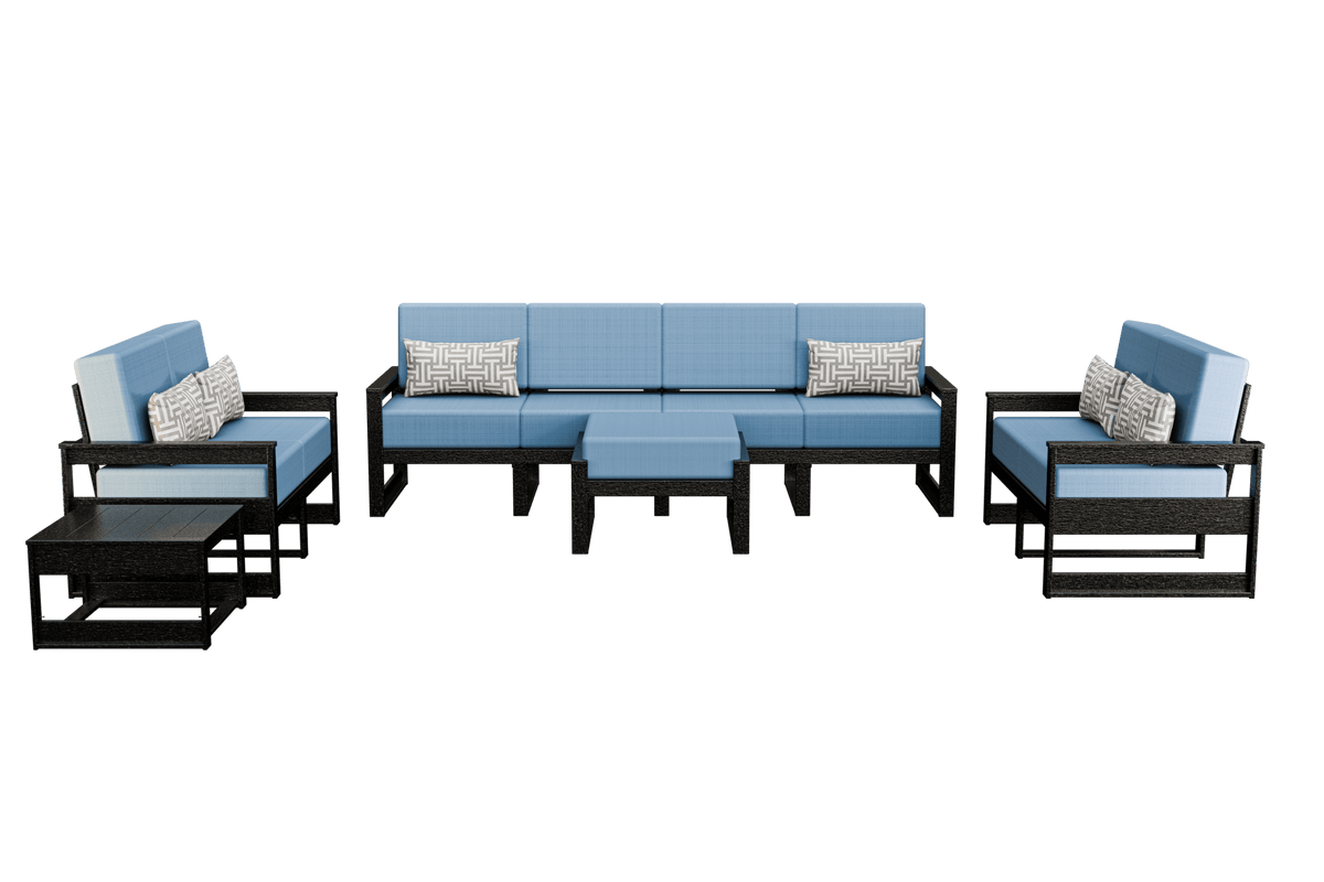 Black poly patio set with light blue cushions: four-seat sofa, two loveseats, ottoman and side tables
