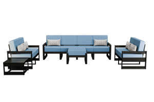 Black poly patio set with light blue cushions: four-seat sofa, two loveseats, ottoman and side tables