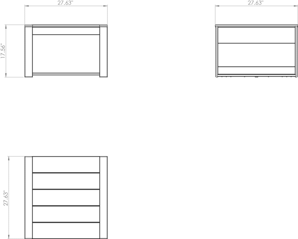 Dimension diagram of the poly side table: 27.63 inch square top with a 17.56 inch overall height