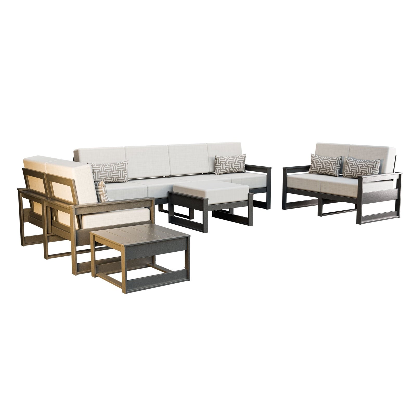 Gray poly patio set with white cushions including a four-seat sofa, two loveseats and ottoman on a beach deck