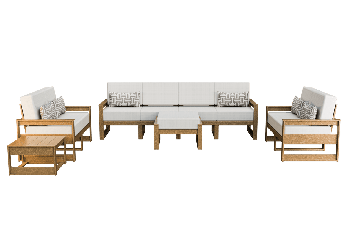 Light teak poly patio set with white cushions, four-seat sofa, two loveseats, ottoman and low tables
