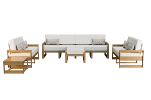 Light teak poly patio set with white cushions, four-seat sofa, two loveseats, ottoman and low tables