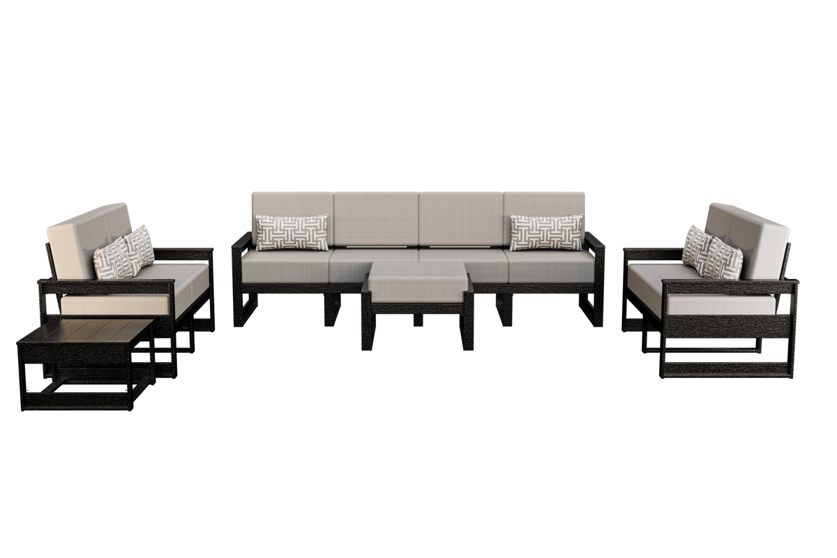 Black poly patio set with pale gray cushions: four-seat sofa, two loveseats, ottoman and side tables