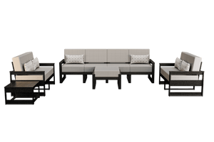 Black poly patio set with pale gray cushions: four-seat sofa, two loveseats, ottoman and side tables