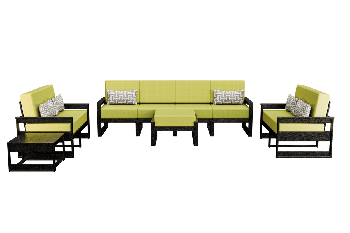 Black poly patio group with lime green cushions, four-seat sofa, two loveseats, ottoman and tables