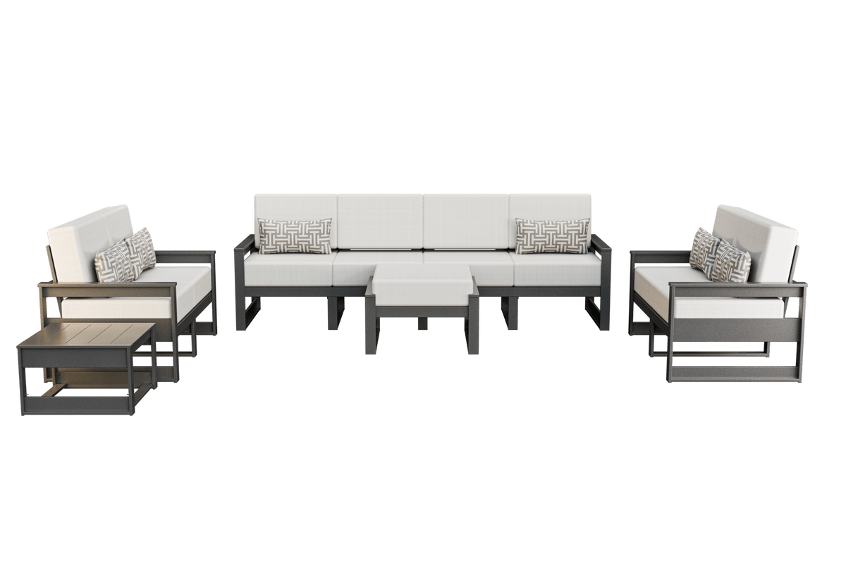 Gray frame poly patio set with white cushions: four-seat sofa, two loveseats, ottoman and side tables