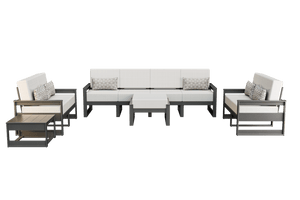 Gray frame poly patio set with white cushions: four-seat sofa, two loveseats, ottoman and side tables