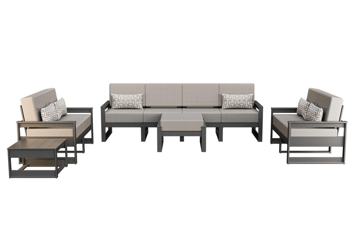 Gray poly patio set with taupe cushions including a four-seat sofa, two loveseats, ottoman and tables