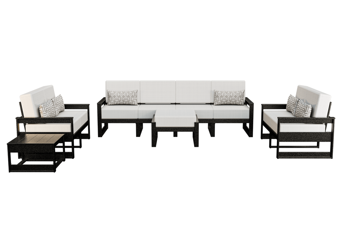 Black frame poly patio set with bright white cushions, four-seat sofa, two loveseats and ottoman
