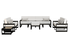 Black frame poly patio set with bright white cushions, four-seat sofa, two loveseats and ottoman