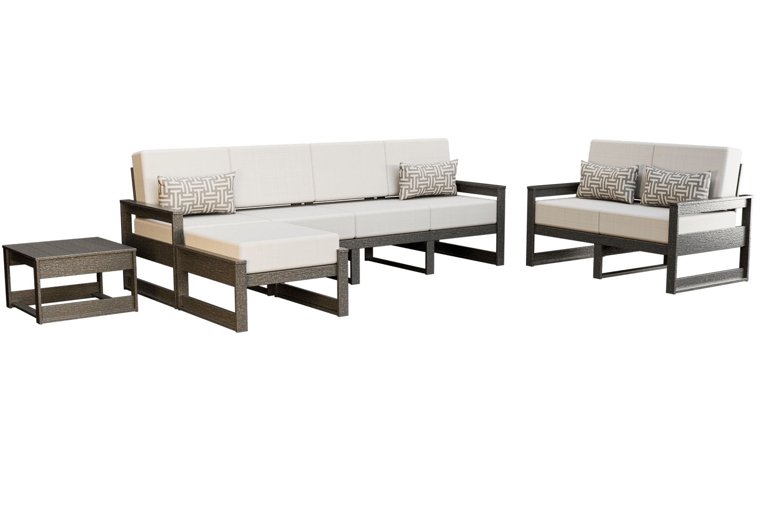Poly patio sofa, loveseat, ottoman and side table with cream cushions on a deck above a harbor town