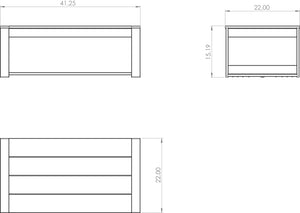 Dimension diagram of the poly coffee table: 41.25 inches wide, 22 inches deep, 15.19 inches tall