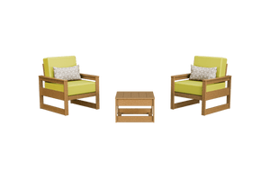 Honey brown poly club chairs with lime green cushions and woven pillows flanking a square side table