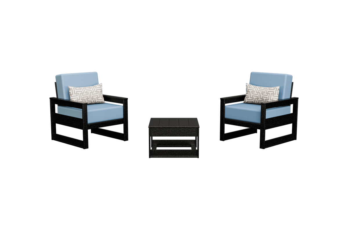 Two chairs with blue cushions and a small table on a transparent background