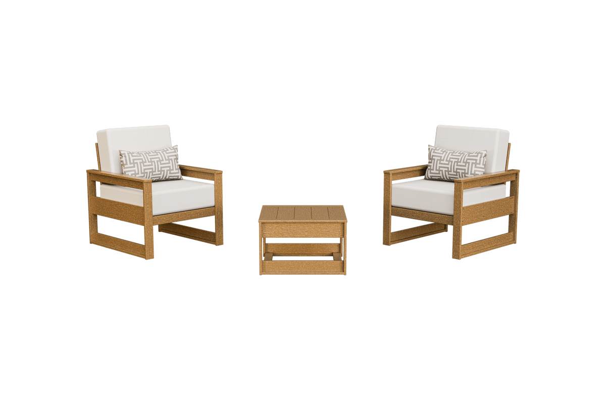 Warm brown poly club chairs with off-white cushions and geometric pillows beside a poly side table