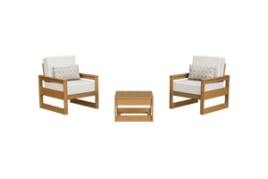 Warm brown poly club chairs with off-white cushions and geometric pillows beside a poly side table