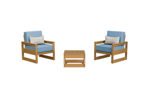 Light teak toned poly patio chairs with blue cushions and patterned pillows beside a matching side table