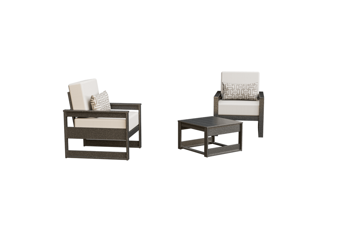 Two brown poly frame patio chairs with cream cushions and patterned pillows beside a low square side table