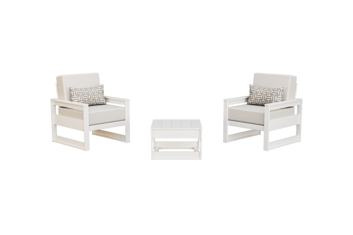 All-white poly club chair set with cream cushions and woven pillows around a small square side table