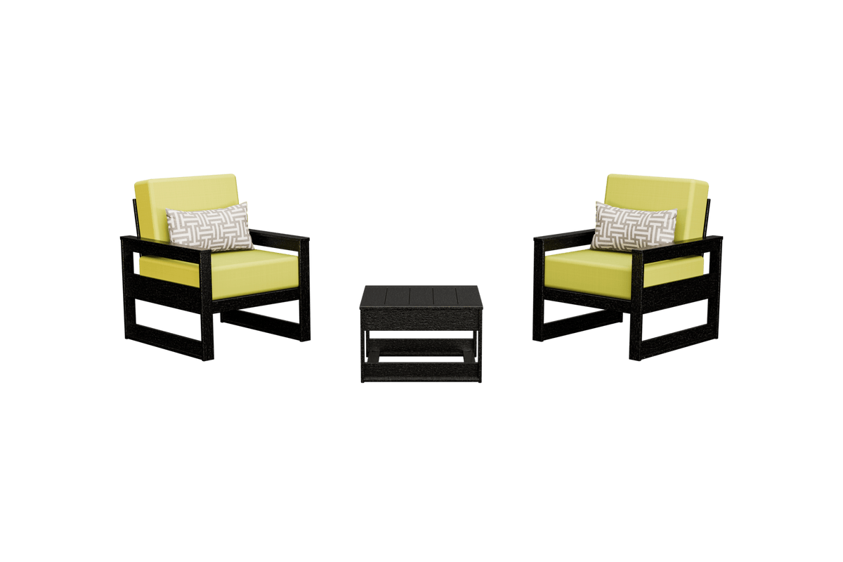 Two black poly patio chairs with chartreuse yellow cushions and a matching side table on white