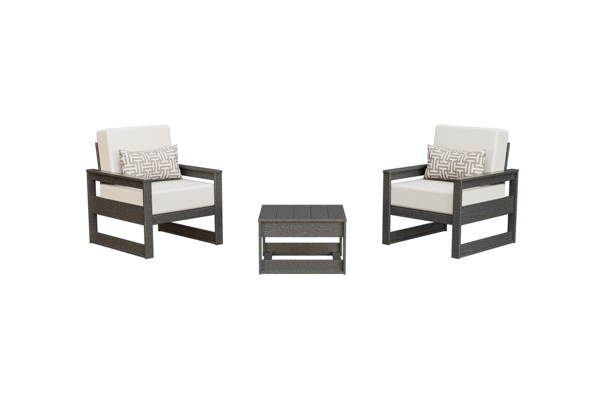 Gray frame poly chair set with bright white cushions, geometric pillows and a slatted side table on white